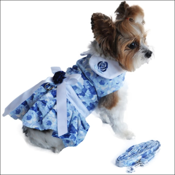 Blue Rose Harness Dog Dress With Matching Leash